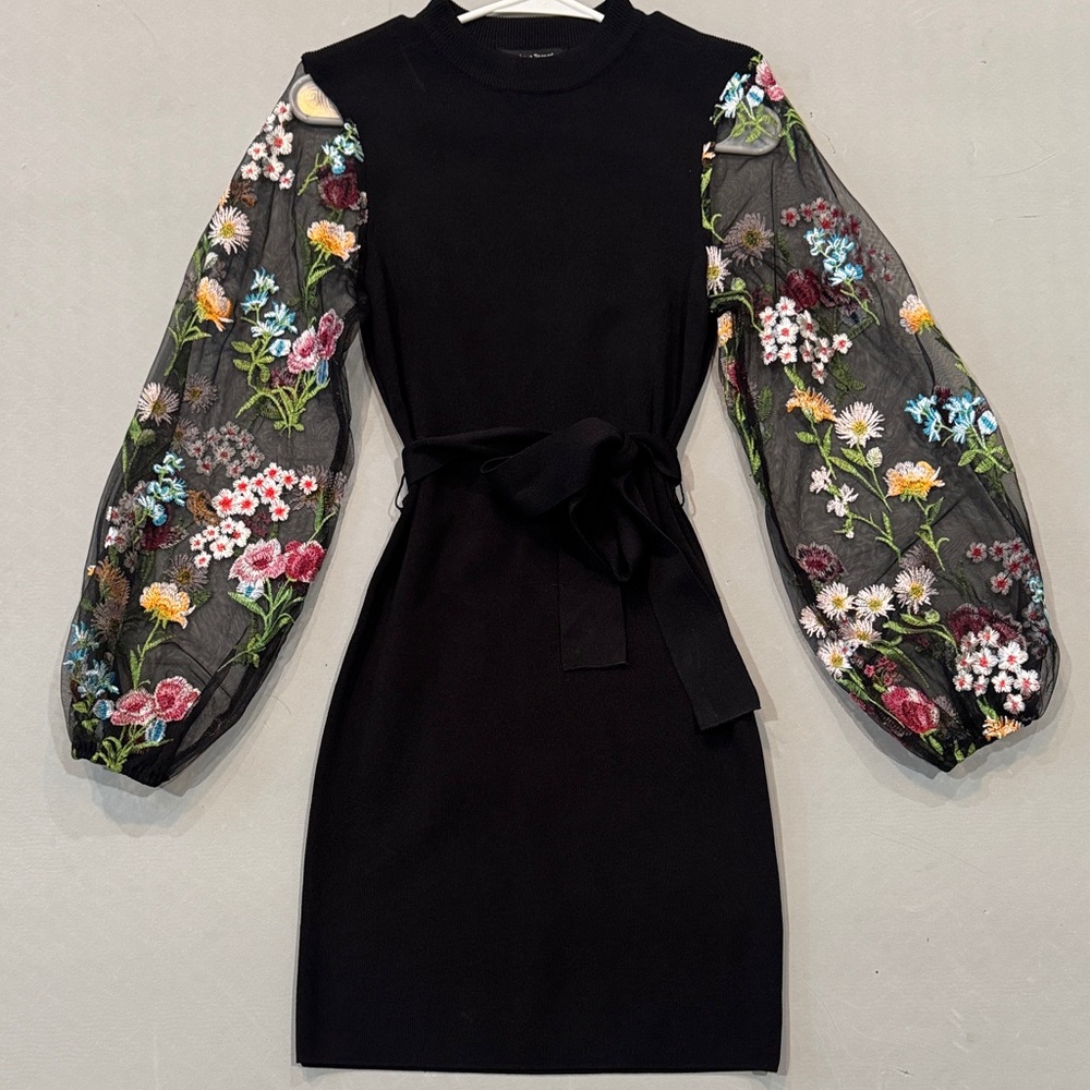 Black Dress with Floral Mesh Sleeves